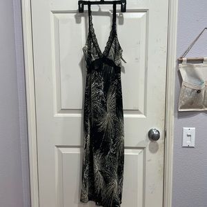 Long black dress, multi-colored pattern with black lace neckline